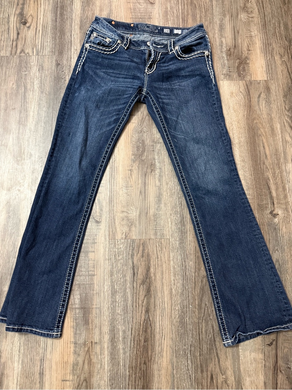 Miss Me Dark Blue Boot Cut Jeans with White Contrast Stitching